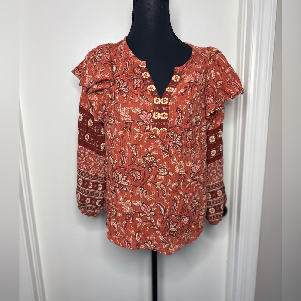 Petite Loft Ann Taylor Brick Orange Boho Peasant Top Puff Sleeve Bohemian